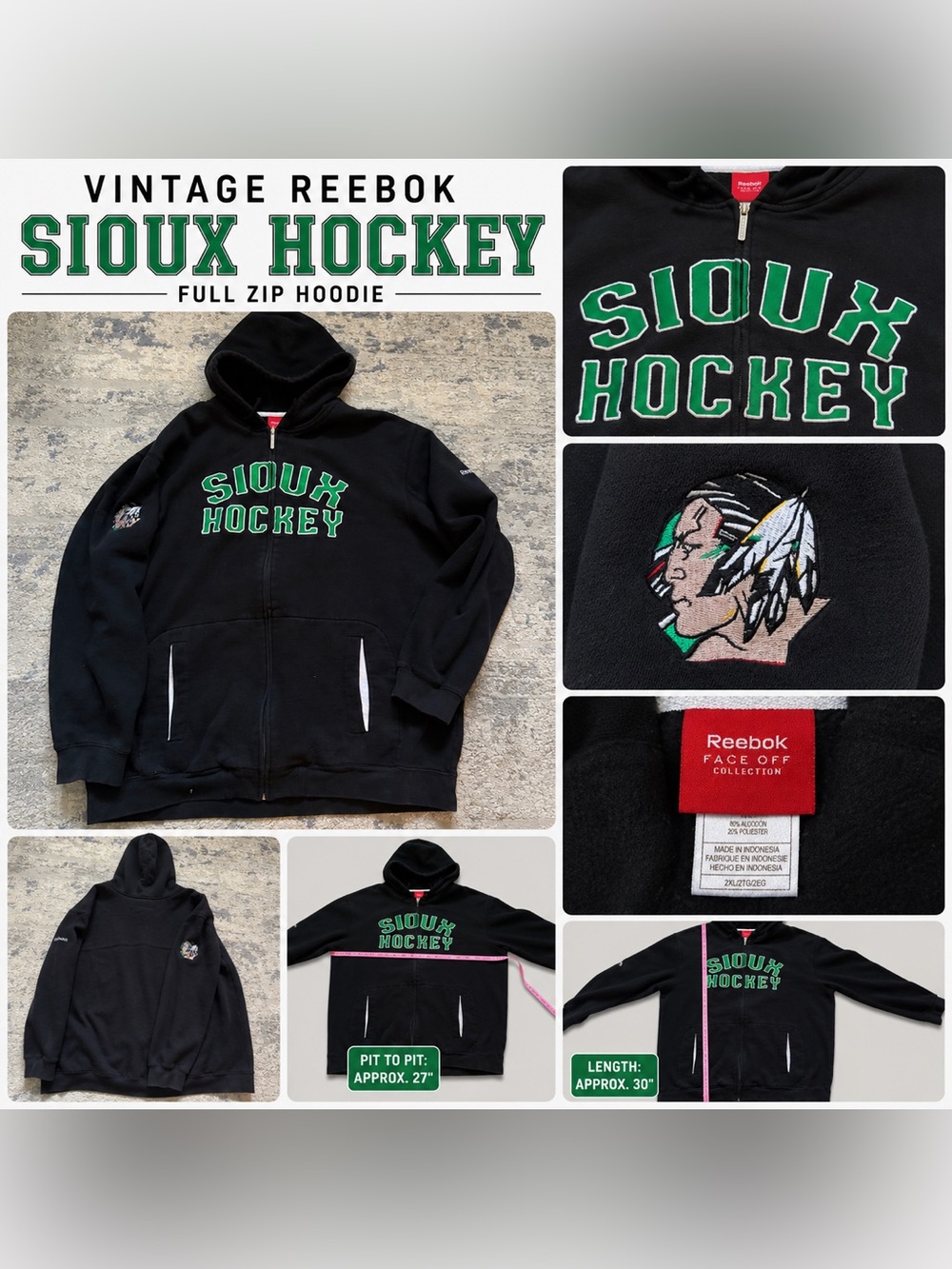 Vintage Reebok Sioux Hockey Full Zip Hoodie 2XL Black UND Fighting Sioux Logo